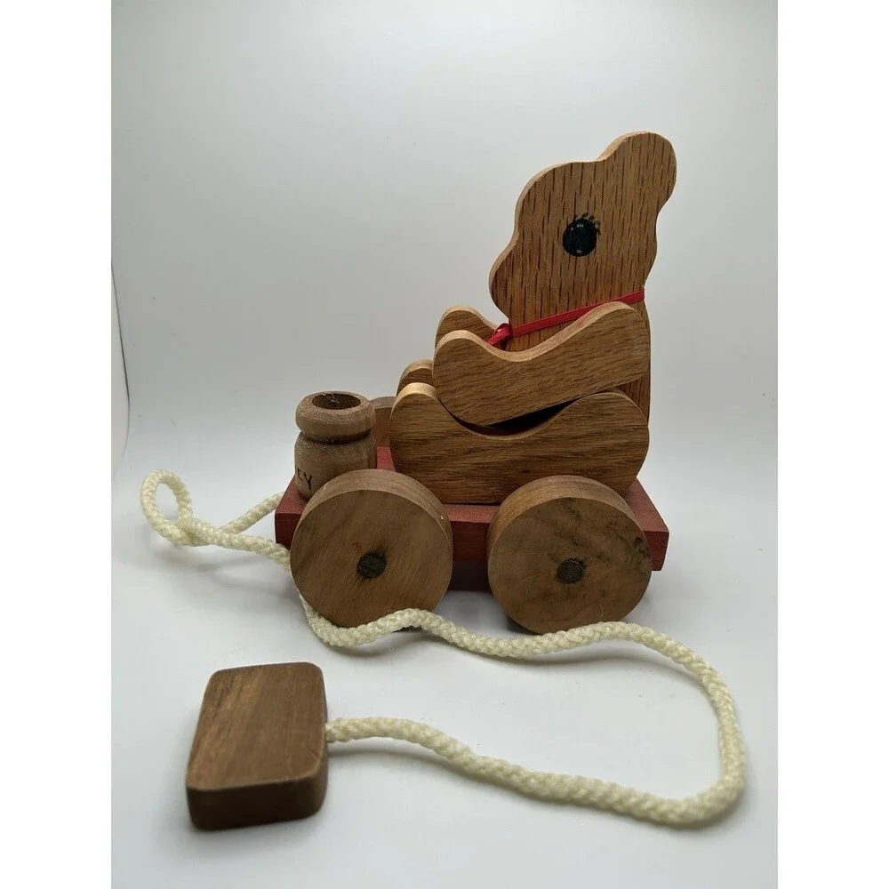 Honey Bear Pull Along Wooden Toy Classic Pooh Child Follow Behind Friend Toddler